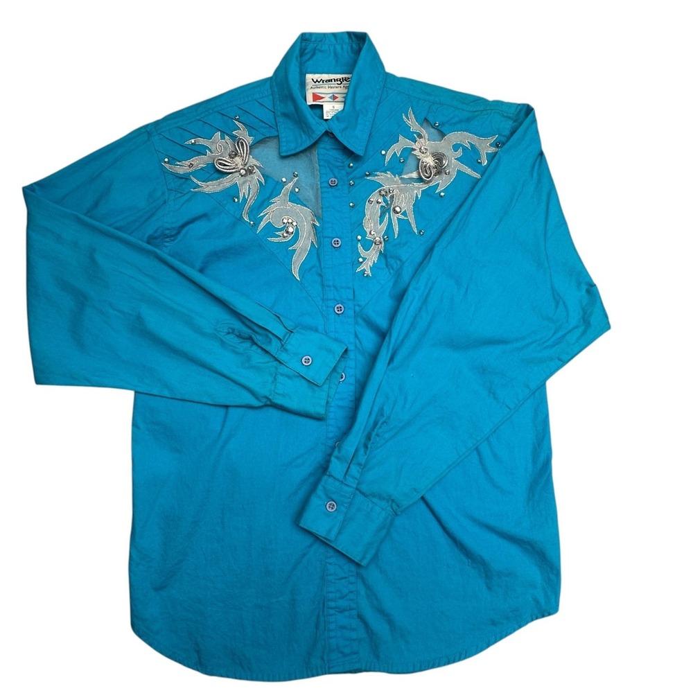 Vintage Wrangler Shirt Womens Small Blue Western Rhinestone Embroidered